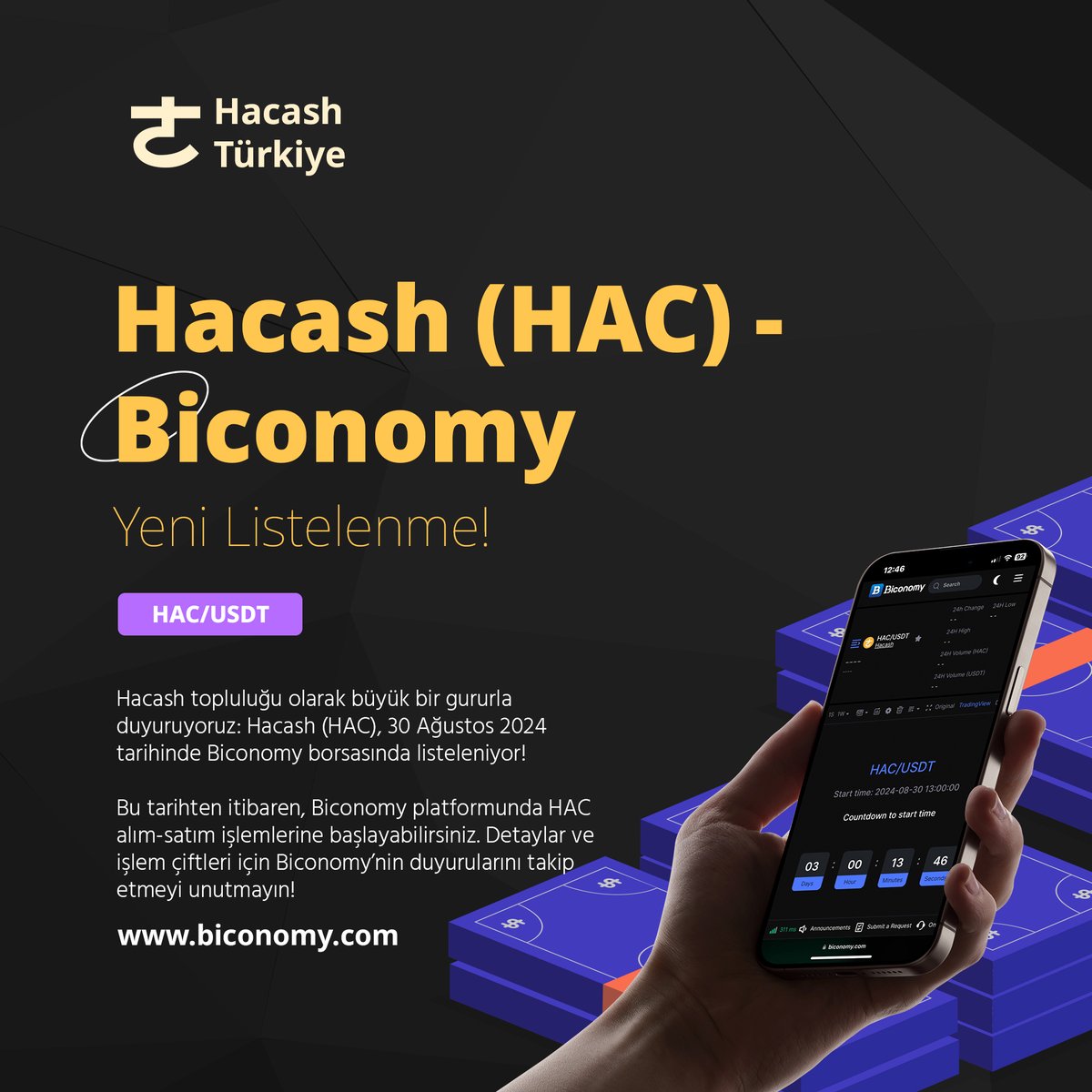 📍DUYURU: Hacash topluluğu olarak büyük bir gururla duyuruyoruz: Hacash (HAC), 30 Ağustos 2024 tarihinde Biconomy (<a href="/BiconomyCom/">Biconomy.com</a>) borsasında listeleniyor!

Kaynak: biconomy.com/exchange/HAC_U…
