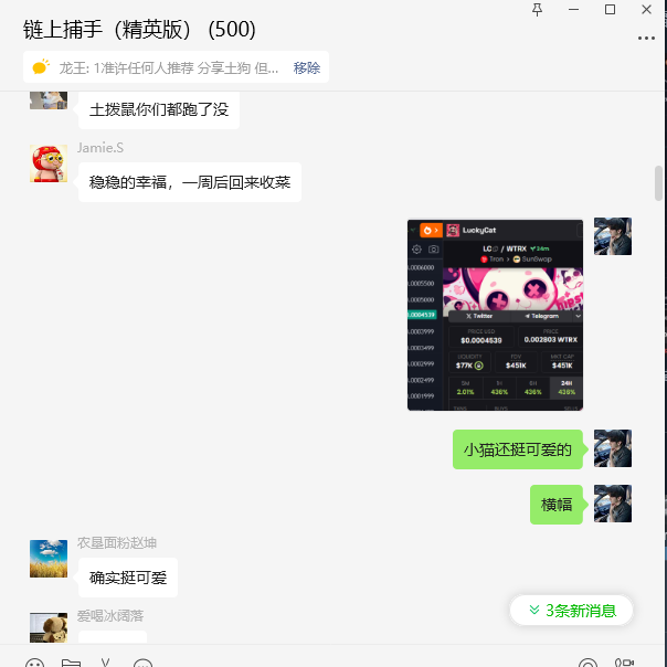 第一时间看到就发在群里了，秒满， $LC
很明显是个高度控盘，目前推特上还没有看到什么人在推
感觉有阴谋集团 <a href="/LuckyCatTRX/">LuckyCat</a> ！！！
TK4mwtvQsvbU5ta1jfJULYAfaHaerVBL6S