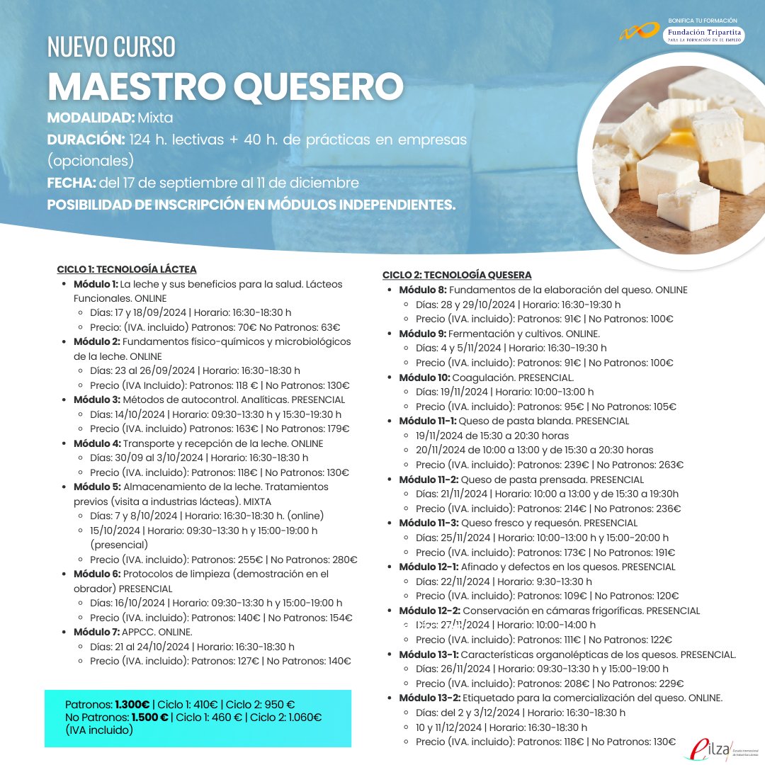 🧀🎓 ¡Curso Maestro Quesero! Un programa intensivo diseñado para los apasionados de la quesería, ofreciendo 124 horas lectivas y 40 horas de prácticas en empresas, que comienza el 17 de septiembre.
📆 Fecha: Del 17 de septiembre al 11 de diciembre
#MaestroQuesero #EILZA