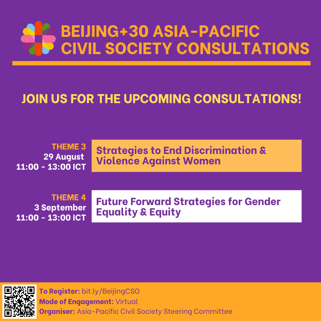 🚨 Join us for the Theme 3 Consultation of the #Beijing30 Asia-Pacific Civil Society Consultations! 
🗓️ 29 Aug
🕑 11- 13 ICT
🔗 bit.ly/BeijingCSO
APA is part of the SC organizing this consultation and your participation is crucial in shaping a safer future for all. #BPfA30