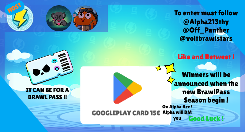 Off_Panther's tweet photo. 15€ GOOGLE PLAY CARD GIVEAWAY !
Thanks to @Alpha213thy !

To enter :
Follow @Alpha213thy, @Off_Panther and  @voltbrawlstars

Like❤️and Retweet♻️!

Winners will be announced when the new BrawlPass Season begin !

Alpha will dm you !

#BrawlStars #BrawlStarsGiveaway #brawlpassplus https://t.co/IPuNOsaJa3