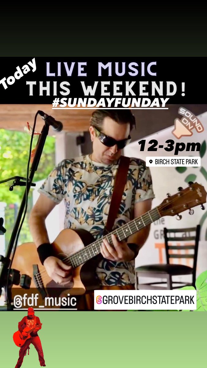 FDFMUSIC's tweet photo. Rocking Out TODAY Acoustic Solo Rock &amp; Country Covers The Grille At The Grove in @BirchStatePark From Noon To 3pm Come Join Me “Freddy” TAKING YOUR REQUESTS! #Sundayfunday
#livemusic #beachday https://t.co/5b5x9uPyU5