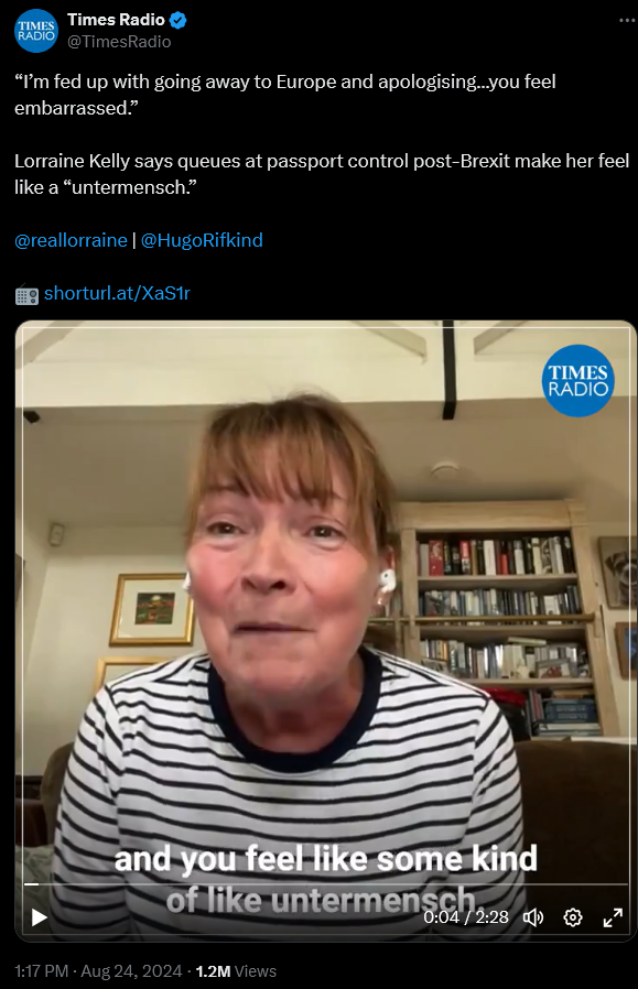 BrutusMaximusX's tweet photo. Lorraine Kelly with more everyday casual ANTISEMITISM “Untermensch” means a person considered racially or socially inferior.
AKA “sub-human”, the Nazis' way of referring to Jews,
Kelly upset because she has to QUEUE UP
#SackLorraineKelly #SackKelly #SackLorraine #Antisemitic https://t.co/rjaU3SLhRo