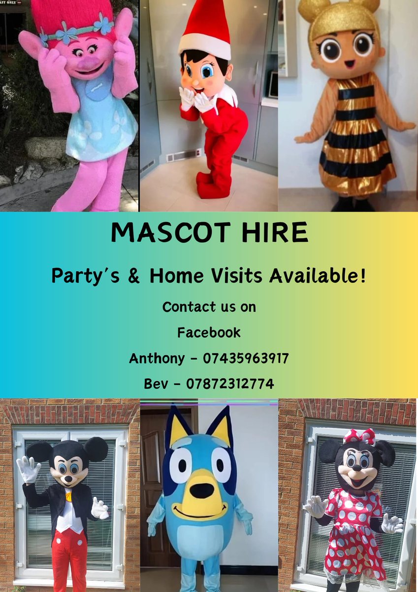 Hire not for sale!
We have 4 mascots available straight away which is Mickey, Minnie,Peppa Pig &amp; 1 LoL doll The others in the picture are on order, plus a couple others.
For information and prices please contact us.
Please share with family &amp; friends! ❤️
