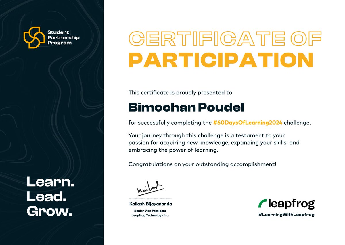 eB1M0's tweet image. It was a great learning experience. Thanks @lftechnology  Leapfrog Technology, Inc. for the wonderful opportunity.

#LSPP #60DaysOfLearning2024 #LearningWithLeapfrog