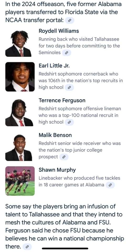 jerrysandersRTR's tweet photo. Congrats to all the former Bama players that transferred to FSU... 😁 https://t.co/RVIt4ji4Ne