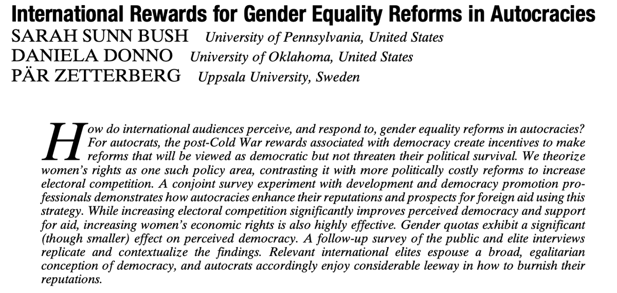 American Political Science Review (@apsrjournal) on Twitter photo From our new issue: "International Rewards for Gender Equality Reforms in Autocracies" by Sarah Bush (<a href="/sarahsunnbush/">Sarah Bush</a>), Daniela Donno (@donnodaniela), and Pär Zetterberg (<a href="/zetterberg_par/">Pär Zetterberg</a>) #ASPRNewIssue.
cambridge.org/core/journals/… From our new issue: "International Rewards for Gender Equality Reforms in Autocracies" by Sarah Bush (<a href="/sarahsunnbush/">Sarah Bush</a>), Daniela Donno (@donnodaniela), and Pär Zetterberg (<a href="/zetterberg_par/">Pär Zetterberg</a>) #ASPRNewIssue.
cambridge.org/core/journals/…