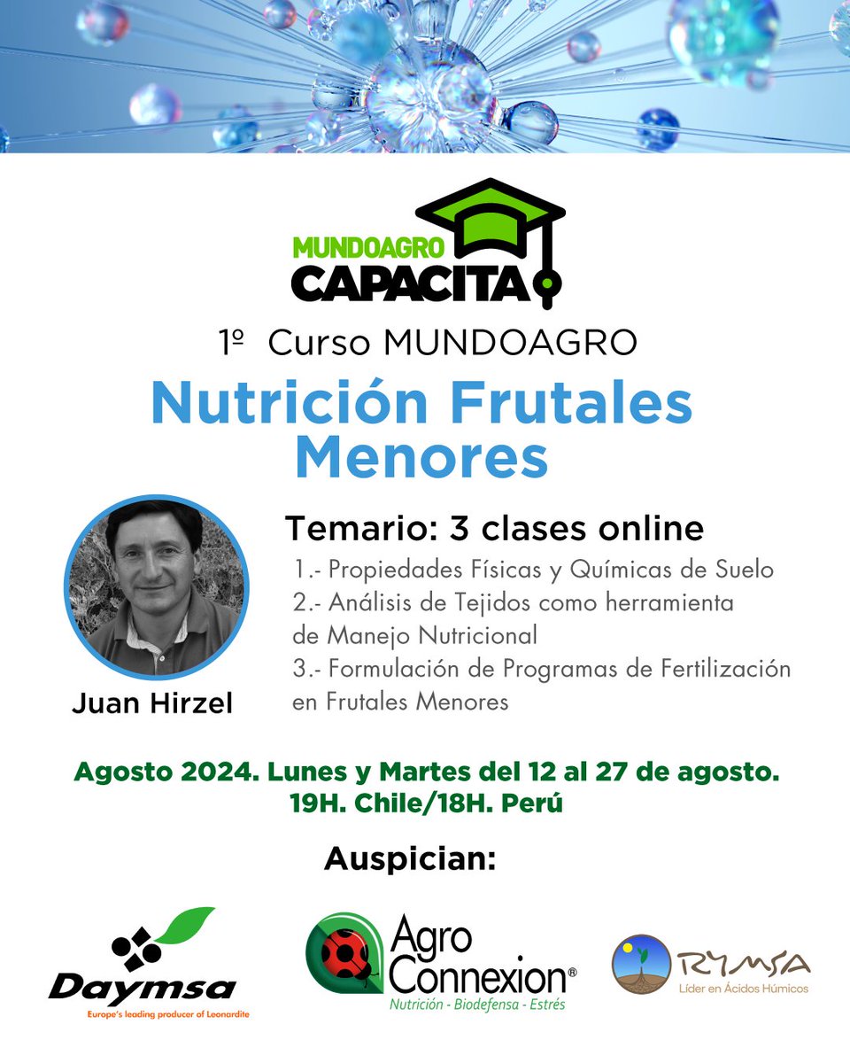 mundoagrochile's tweet photo. ¡REGÍSTRATE GRATIS! El martes 27 de agosto a las 19H. comienza la última clase del Curso de Mundoagro Capacita “Nutrición Frutales Menores"✅ dictado por la Dr. Juan Hirzel

Regístrate gratis aquí https://t.co/Mu8ViNfg7F

Auspician: #Daymsa #Agroconnexion #Rymsa https://t.co/UxfoLr5g0J