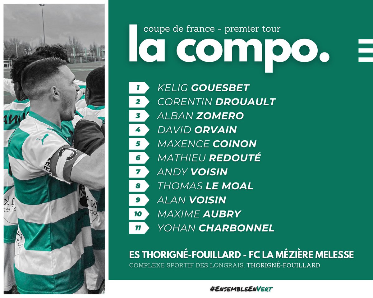 Le XI titulaire pour défier le FC La Mézière Melesse 👀

#EnsembleEnVert #ESTF