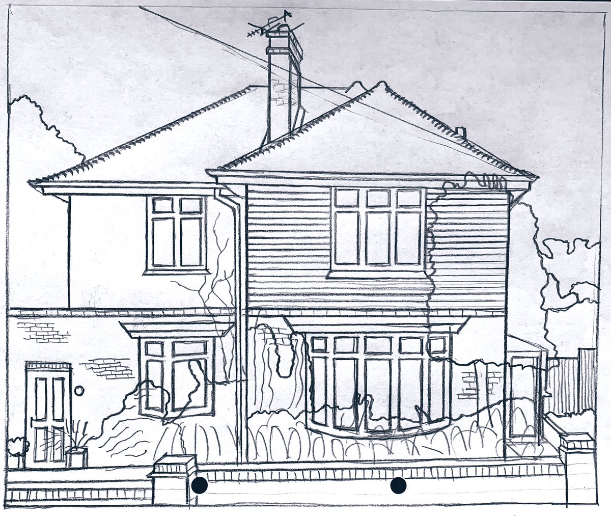rockqueenvic's tweet photo. I’ve been wanting to try architectural embroidery for ages, so I’ve decided to have a go at stitching my dad’s house. Here’s the progress so far, from photo to drawing to fabric to thread…🤞🏻 https://t.co/mY0nAUNJQa