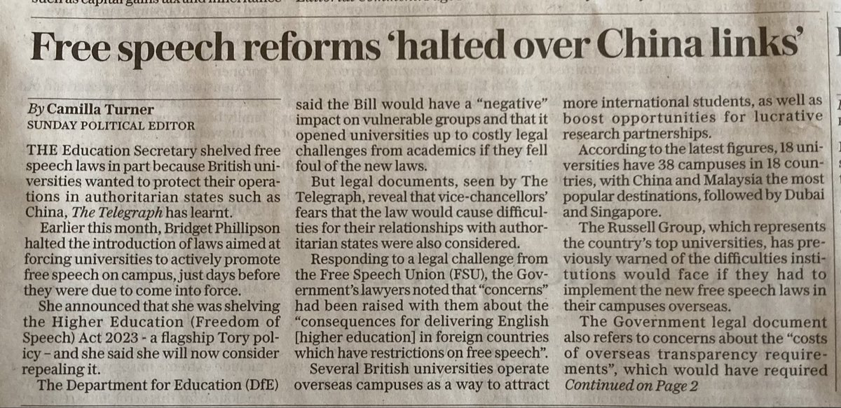 Proof positive of the old saying “whose bread I eat, his song I sing”.  Surrendering the principle of free speech to buy favour with the CCP is a terrible indictment of some of our universities &amp; Government <a href="/bphillipsonMP/">Bridget Phillipson</a> <a href="/Keir_Starmer/">Keir Starmer</a> Today’s Sunday Telegraph: