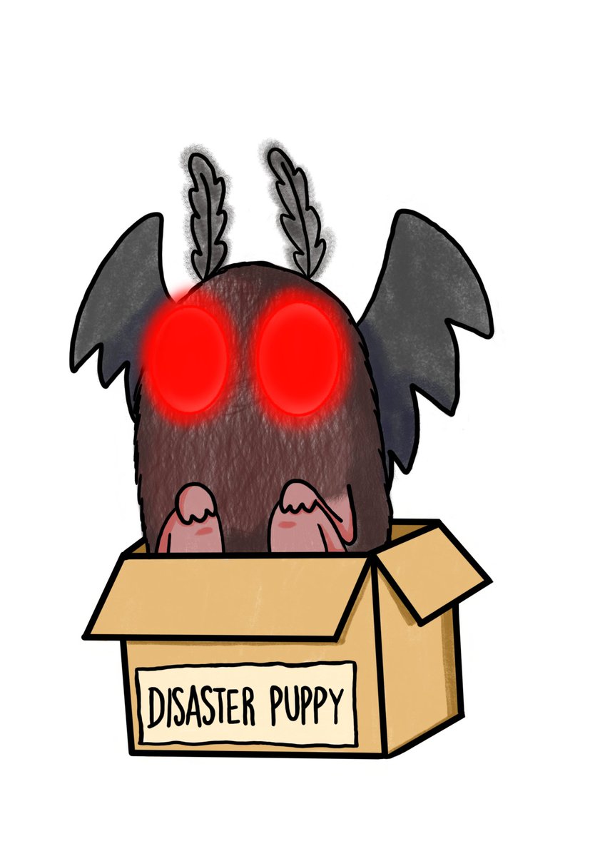 LottiRost's tweet photo. I'm so happy that at every convention, my disaster puppy Mothman sticker is one of my best sellers. 
Mothman people are the best people! ❤️ https://t.co/NFjg387qRz