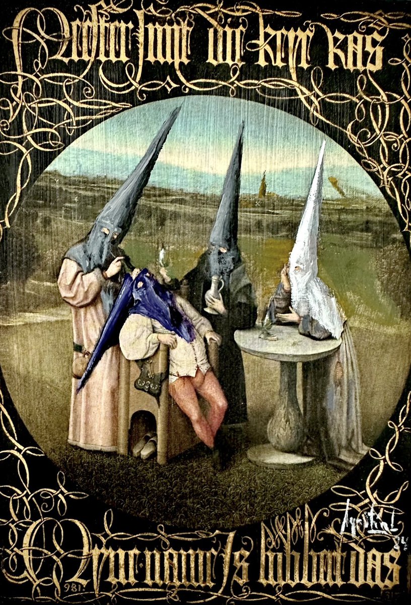 AgustinIsraelbg's tweet photo. La extracción del #Capirote #acrilico sobre #postal 10x15 sobre original de #elbosco del @museoprado titulada extracción de la piedra de la locura. En esta intervencion el doctor amputa el capirot de la cabeza del paciente mientras los enfermeros toman una copa de #manzanilla. https://t.co/8uRbkyJpeN