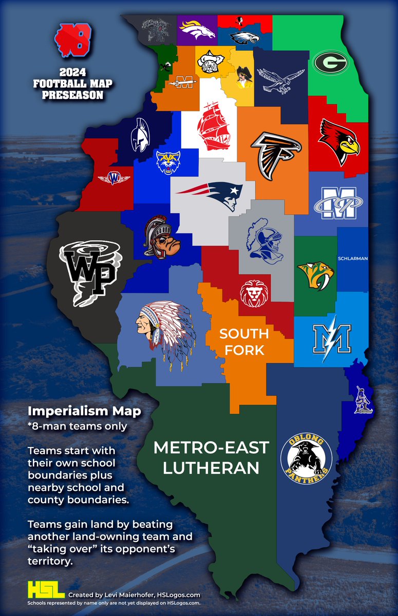 hslogoscom's tweet photo. 🎱8-Man Imperialism - Preseason🎱
We've finished the Week 0 scrimmages, and it's finally game week! Check back for the new @Illinois8Man map in a quote Tweet next Sunday.
-
Teams on Map: 30
Consolidation Games: 15
Bordering Consolidations: 4 https://t.co/WXjpxdZxT4