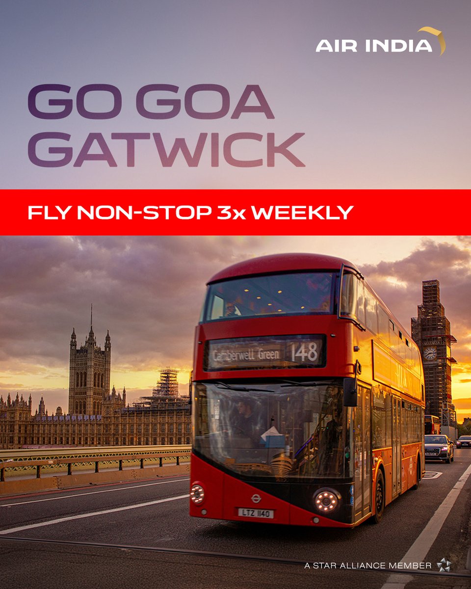 airindia's tweet photo. From the golden sands of Goa to the cobbled streets of London, Air India’s new non-stop route makes your journey seamless. Fly 3x weekly between Goa and Gatwick, with fares starting at just ₹37,000.

#FlyAI #AirIndia #AIConnections #NonStopExperiences #goa #london https://t.co/PvUyAnQecN