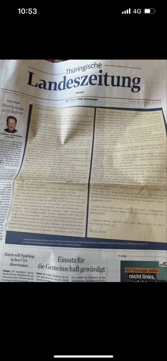 Der Brief eines beunruhigten Sohnes an seinen Vater in Erfurt. Dieser Riss geht durch viele Familien in Thüringen. Lesenswert: