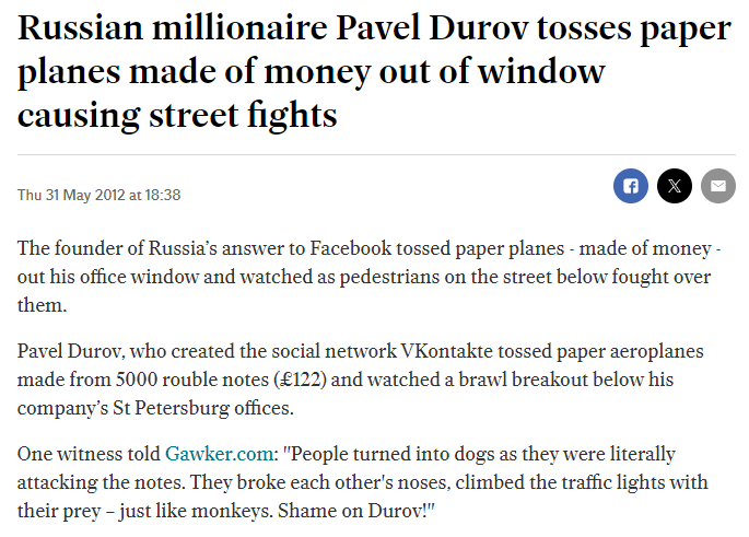 Daractenus's tweet photo. Just a little something from 2012 to show the character of the man hailed as a "free speech martyr", Pavel Durov. https://t.co/YmFLcw4uN0