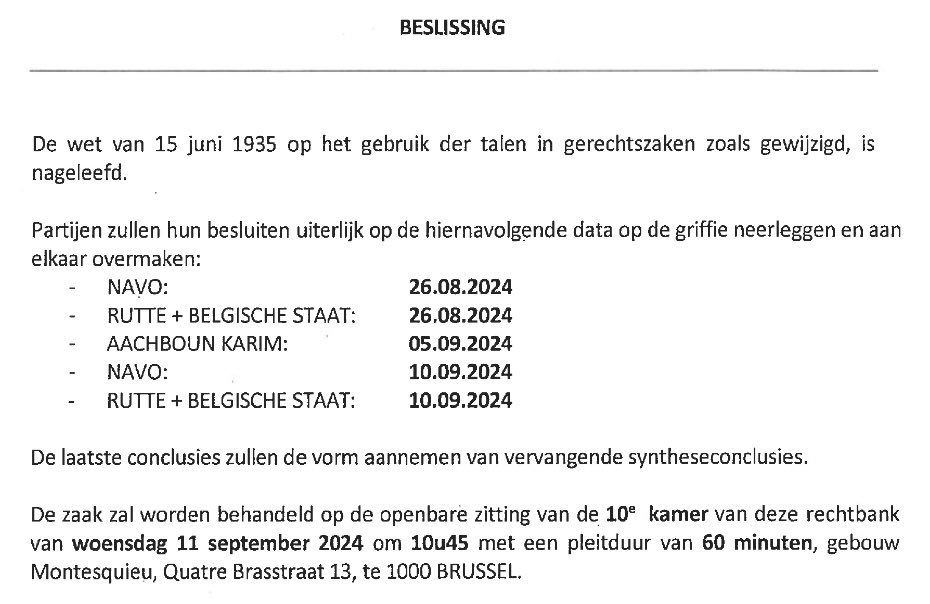 Rechtbank Brussel heeft verzoek van #Rutte en #NATO tot annulering van de rechtszaak afgewezen. De rechtszaak gaat dus dóór op 11 sept 2024 (zie foto). Ik doe deze zaak op eigen kosten, dus zal géén donaties vragen. Elke stem telt mee, dus Like &amp; Repost als steun. Thanks! ❤️🫡