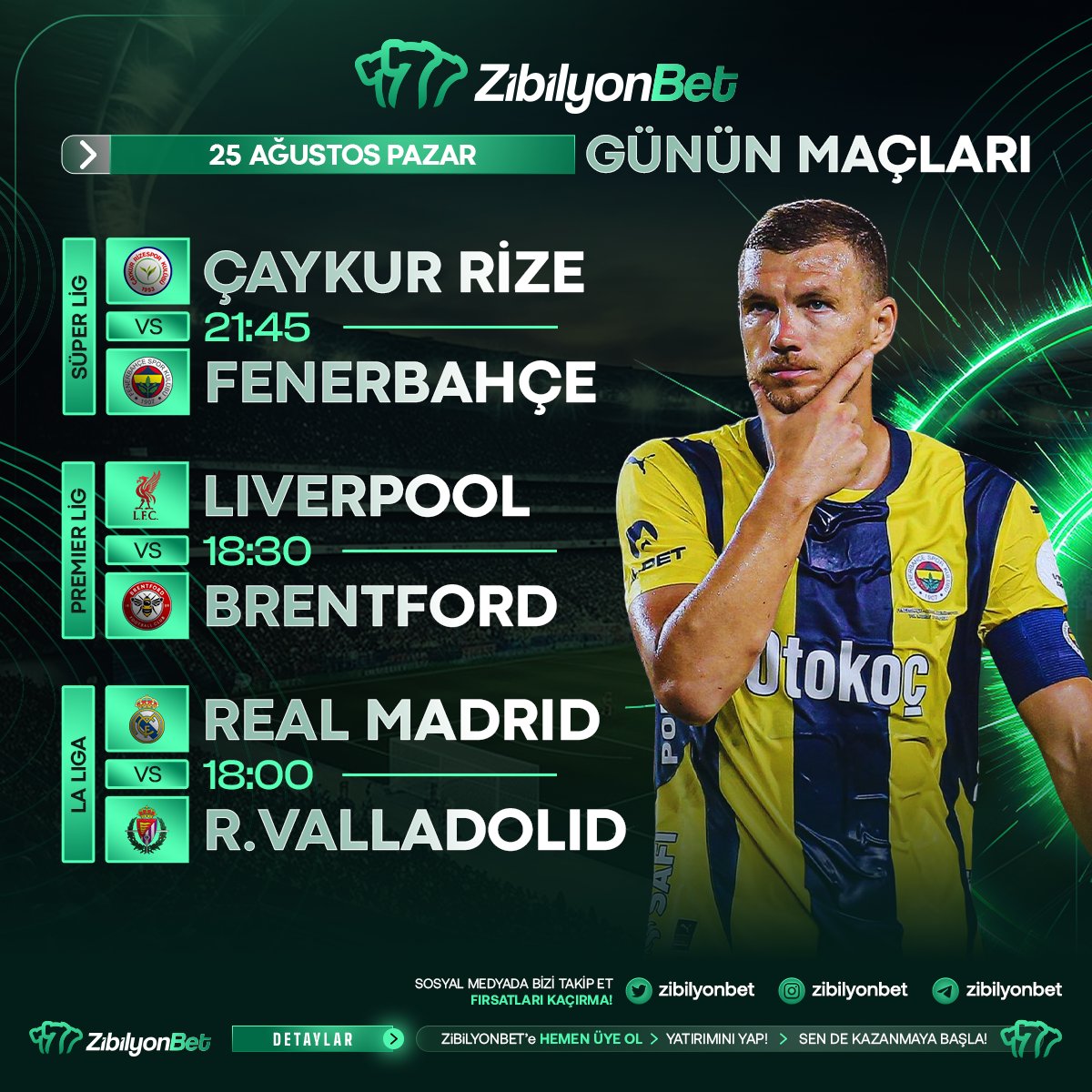 zibilyonbetgir's tweet photo. 🏆⚽ ZibilyonBet’te Günün Maçları! ⚽🏆

Süper Lig: Çaykur Rize 🆚 Fenerbahçe (21:45)
Premier Lig: Liverpool 🆚 Brentford (18:30)
La Liga: Real Madrid 🆚 R. Valladolid (18:00)
📲 Şimdi bahis yap ve büyük kazan #ZibilyonBet! 💰💥

#ÇaykurRize #Fenerbahçe #Liverpool #RealMadrid #Rizelio #FutbolTürkiye #BettingTime #HaftasonuKeyfi #PazarGünüEğlencesi

Kaçırmayın! 🔥