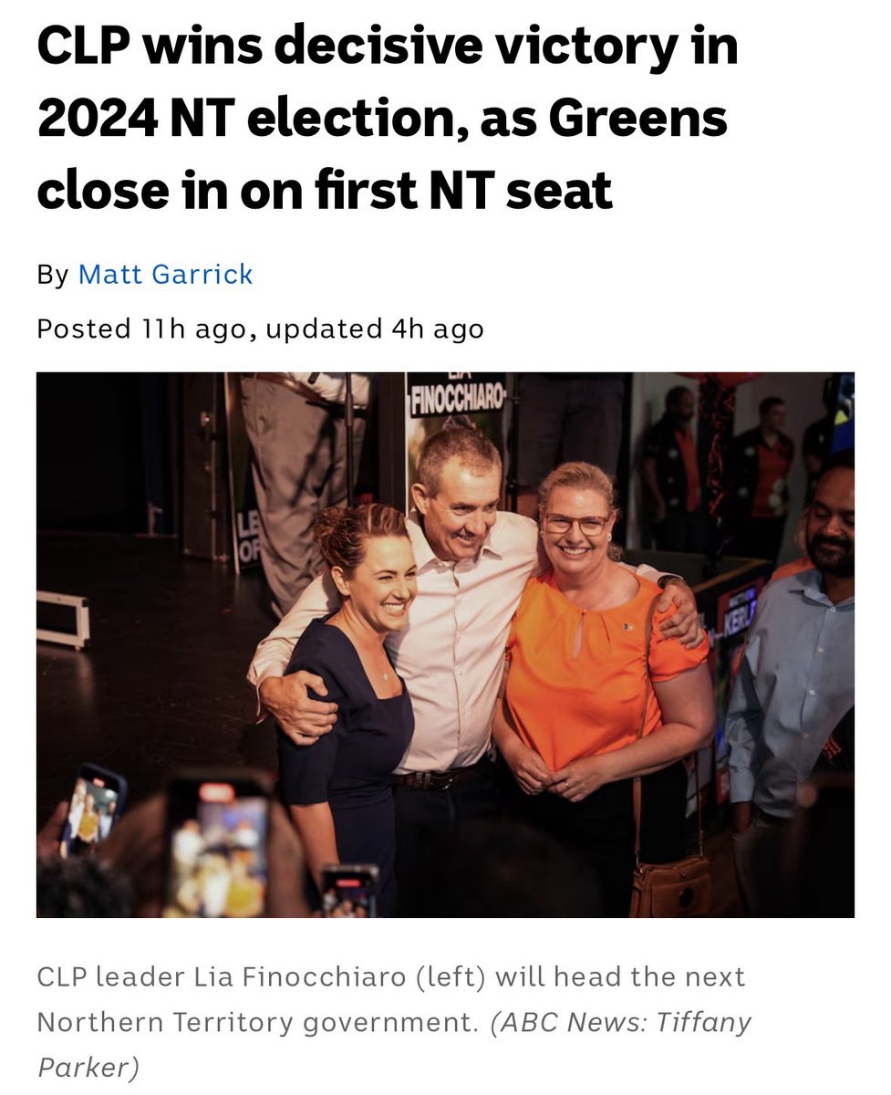 RedditDeluxe's tweet photo. CLP wins decisive victory in 2024 Northern Territory Election.
The win for the pro business CLP is a big positive for the likes of #MSMN & #GEX with land permit applications currently being processed. #Helium #NTelection https://t.co/3AgEvrwPAl