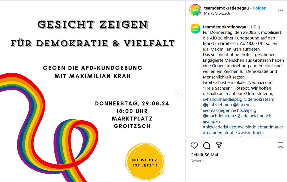 utopisdde's tweet photo. Während sich am Donnerstag die AfD-"Prominenz" zum Wahlkampfabschluss in Dresden trifft, müssen Krah, Kirchner, Oehme mit Björn Banane-Musik nach #Groitzsch (LK #Leipzig).
Dagegen gibt es eine Kundgebung vom "Team Demokratie Pegau" ab 18:00 auf dem Markt.
#sachsen https://t.co/QrpMftCZLI