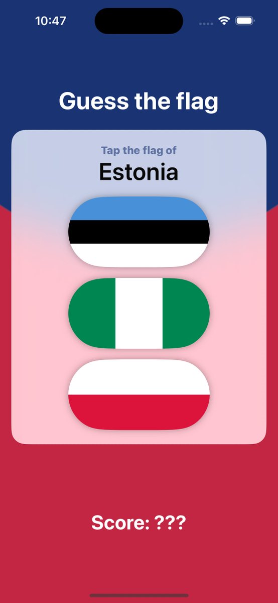 iosdevlearner's tweet image. Just finished Day 21 of the #100DaysOfSwiftUI 
I actually wanted to make a flag guessing app a while ago so this is a good project!
Very little code needed to make something that is pretty good.