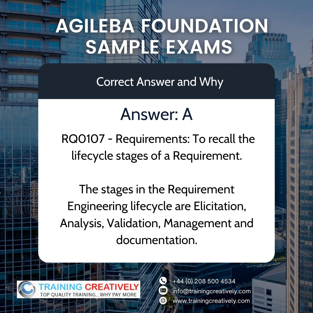 traincreatively's tweet image. Start your day with a brain teaser! 🧠 Here&apos;s a sample question from the AgileBA Foundation course. Test your knowledge and swipe to reveal the answer! #AgileBA #BusinessAnalysis #MorningChallenge
