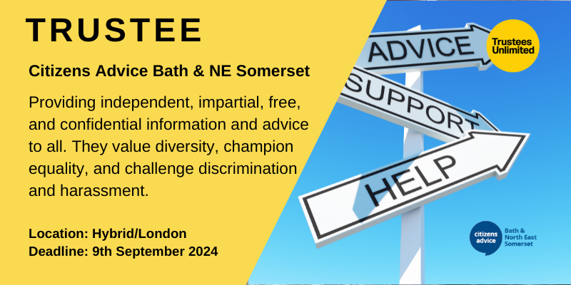 **EXCITING NEW TRUSTEE OPPORTUNITY**

#CitizensAdviceBath

Deadline: 9 September 2024
More info: ow.ly/gOrm50SKkrB

 #BoardOpportunity #TrusteesUnltd #BoardMember #GovernanceOpportunity #CharityTrustee
