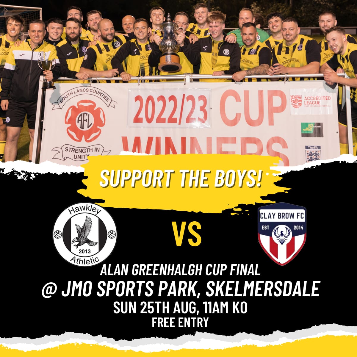 Huge game today at the JMO as we play Clay Brow Athletic in the AG Cup Final. 11.00am Kick off

Up the Hawkley 🟡⚫️