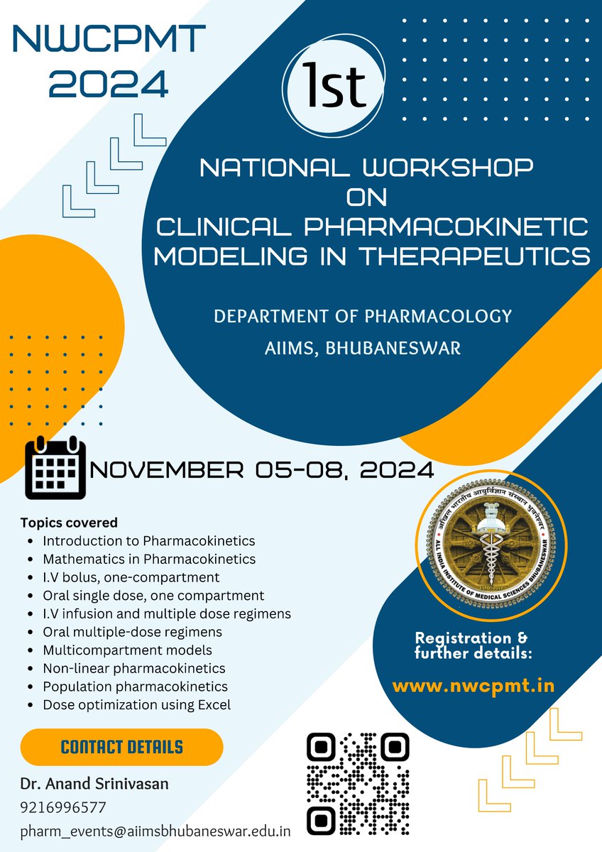 indand21's tweet photo. The Department of Pharmacology at AIIMS, Bhubaneswar, is organizing the First National Workshop on Pharmacokinetic Modeling in Therapeutics.
This workshop will help to understand the principles of pharmacokinetics in personalized drug dosing. @ICMRDELHI @MoHFW_INDIA @PMOIndia https://t.co/C8FPbAbqh5