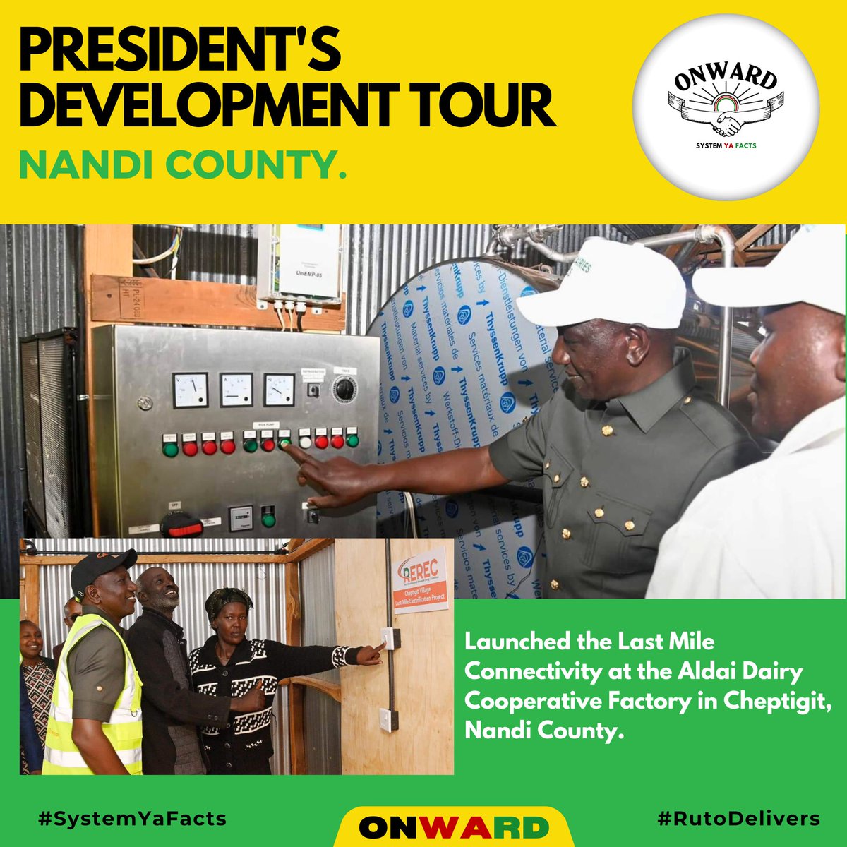StaceyKalawa_KE's tweet photo. Launching the Last Mile Connectivity at Aldai Dairy Cooperative in Cheptigit is more than just bringing power—it's empowering progress. We're lighting up homes, boosting businesses, and fueling growth across Nandi County. #SystemYaFacts #Rutodelivers #RutoPerforms https://t.co/EZWUnBuHqH