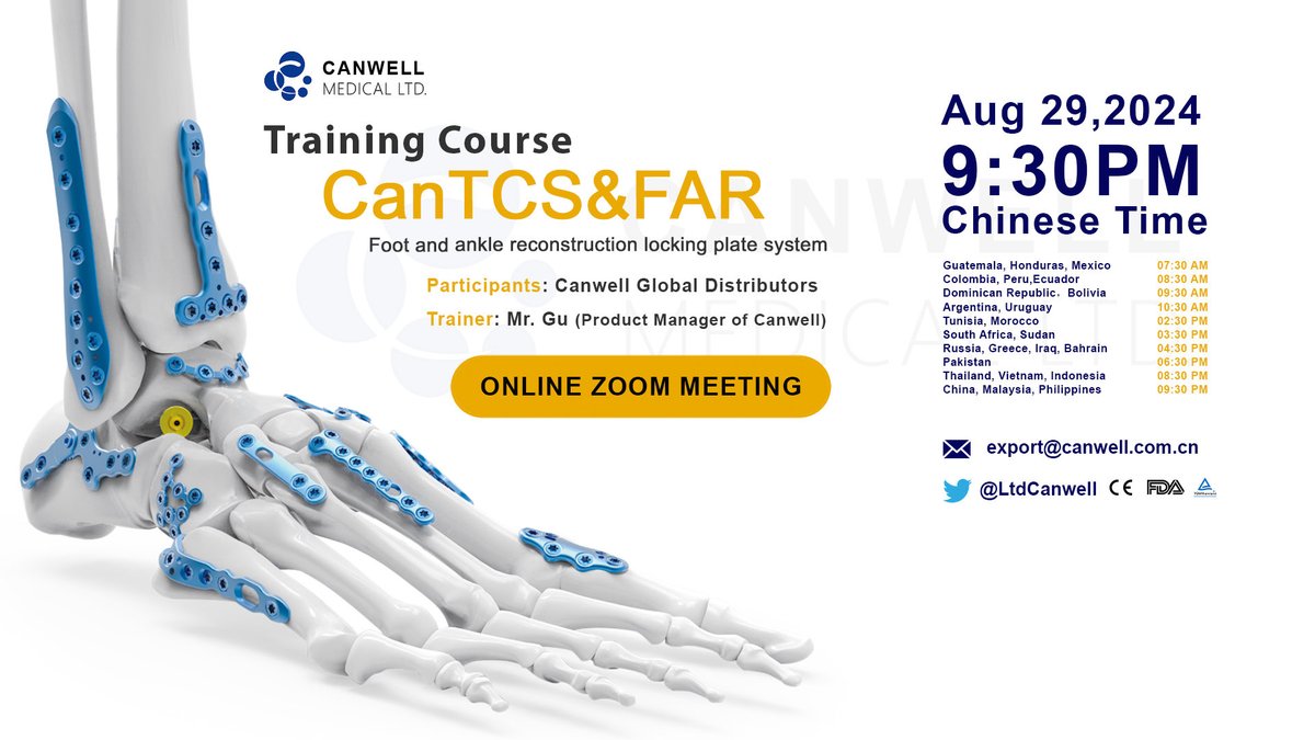 SAVE THE DATE

Canwell is conducting the circular distributors Foot &amp; Ankle range walkthrough and would like to invite you to the meeting.

Venue: Zoom Meeting
Date: August 29th, 2024
Time: 16:30 KSA timing
Room Number: 697 322 1289
Zoom Link: us06web.zoom.us/j/6973221289