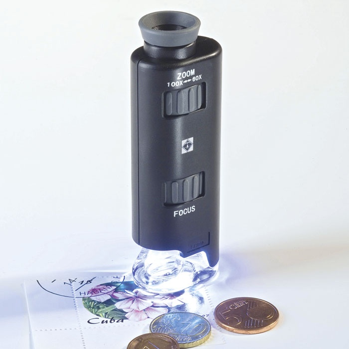 filatelicly's tweet photo. #Leuchtturm Pocket Zoom Microscope 60-100x with led 
Handy #pocketmicroscope with numerous possible applications such as examining stamps, coins, minerals, small electronic components and much more. https://t.co/EUVKDc9Yvh #microscope https://t.co/VfJTj0DPr8