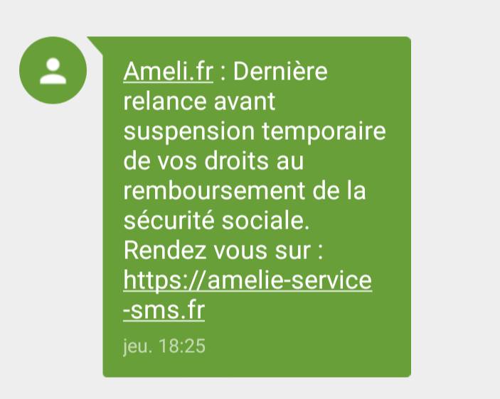 #MardiConseil 🎣 ne soyez pas le poisson !
⚠️ SMS usurpant le site Ameli.fr.
Objectif: dérober vos informations personnelles, bancaires pour en faire un usage frauduleux.
Signalez-le sur la plateforme <a href="/signalspam/">Signal Spam</a> ou par SMS au 33 700 (service gratuit).
<a href="/CyberGEND/">Unité nationale cyber • UNCyber</a>