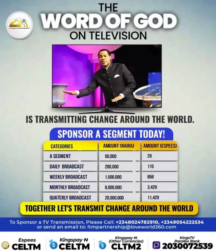 Loveworldtv's tweet photo. THE WORD OF GOD IN YOUR SPIRIT, IS THE ANSWER TO All THINGS!

Join us to transmit change around the world through your sponsorship of multiple hours of Pastor Chris Teaching on television stations and networks.

Click on the link below to sponsor 👇 
https://t.co/hcERUkyGLV https://t.co/NJFyFVtc8Y