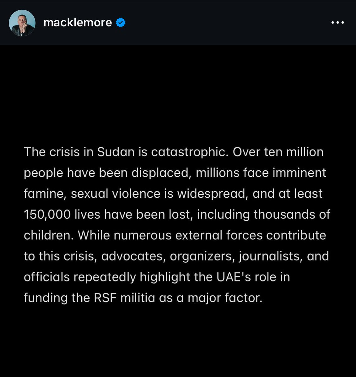 SMAMMARI8's tweet photo. Macklemore يلغي حفلات دبي بسبب تدخل الأمارات ودعمها لميليشيات في السودان 👏#السودان https://t.co/XIOLxU3W4b