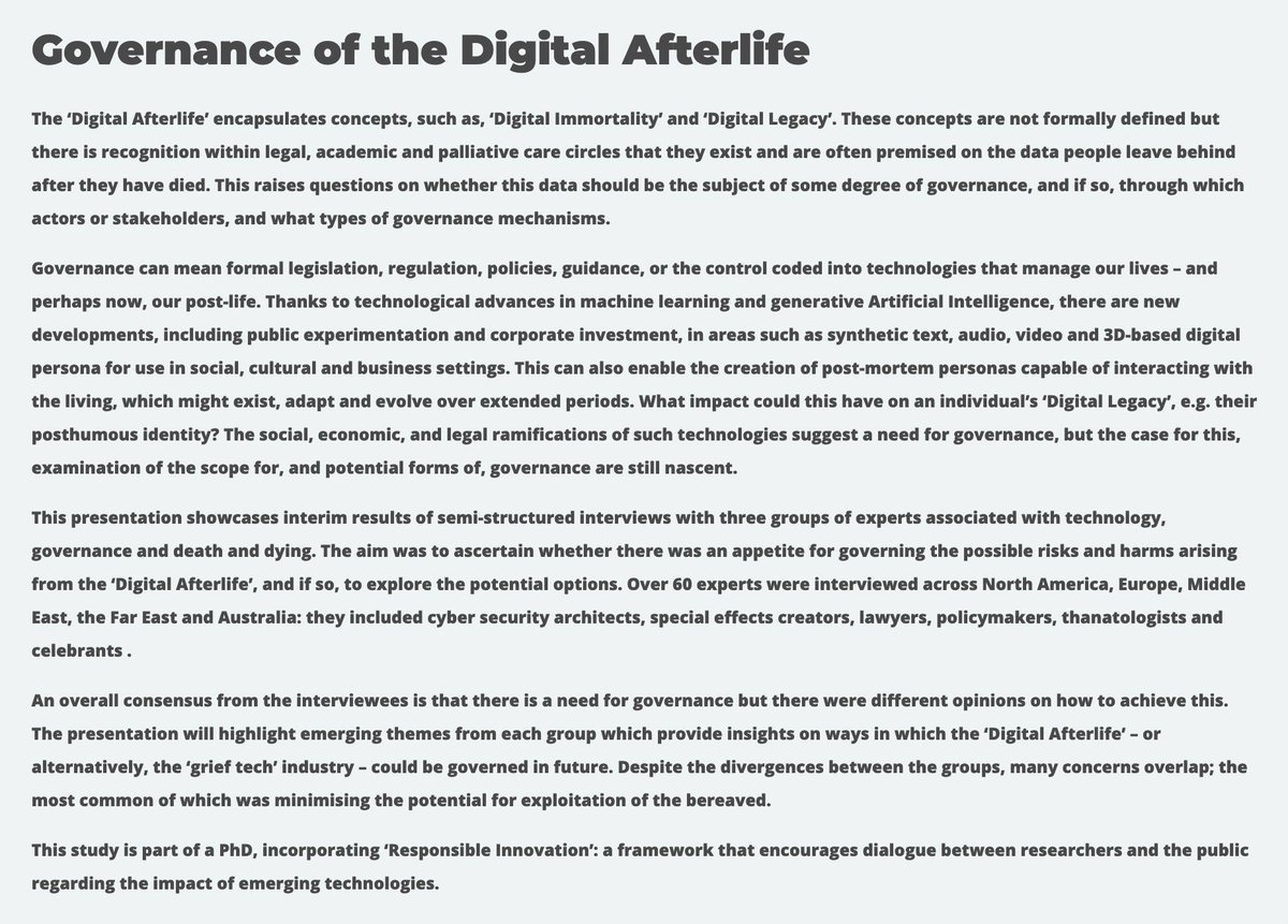 🗣️Abstract announcement: Governance of the Digital Afterlife.

- Khadiza Laskor

digitallegacyconference.com/digital-afterl…

The Digital Legacy Conference 2024

📆25th Oct
📍Bern🇨🇭
🆓 Free to attend

#digitallegacy #digitalafterlife #DLC2024 #PHPCI2024 #palliativecare