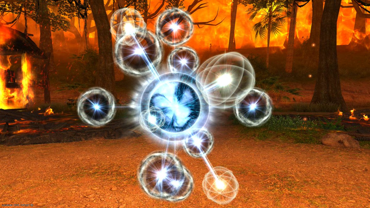 kanaly_o's tweet photo. 【コンバス】

FF14での効果

対象に無属性の継続ダメージを付与する
※段階的に名前が変わるので、パッチ7.xの時点で一番威力が高いコンバガのSSになります

占いでの意味と解釈

コンバストが元になっています。

コンバストとは、天体が太陽に非常に近い状態にいることで、太陽に近すぎるとその天体が焼き尽くされ、力を失うとされています。
太陽から見て18分から8度の間にいる状態がコンバスト。
そのため、近づいたり遠ざかったりするのに時間がかかります。
一番移動速度が速い月でもコンバストになってから抜けていくまでに約1日かかることになります。
抜けるまでの間、コンバストでじわじわ焼かれていくので継続ダメージになっているのでしょう。

エフェクトを見てみると真ん中の球体(太陽？)に周りを回っている球体が引き込まれて焼かれる感じが出ています。

#FFXIV #FF14