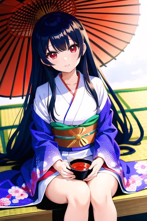 夏樹ちゃん夏鬼ちゃんにしようと思ったけどツノのプロンプト忘れてた∑(✘Д✘๑ )
でも可愛いからペタリ♡(｡☌ᴗ☌｡)
#AI術師さんと繋がりたい
#AIイラスト好きさんと繋がりたい 
和服　着物　浴衣　傘　鬼娘　紅　美少女