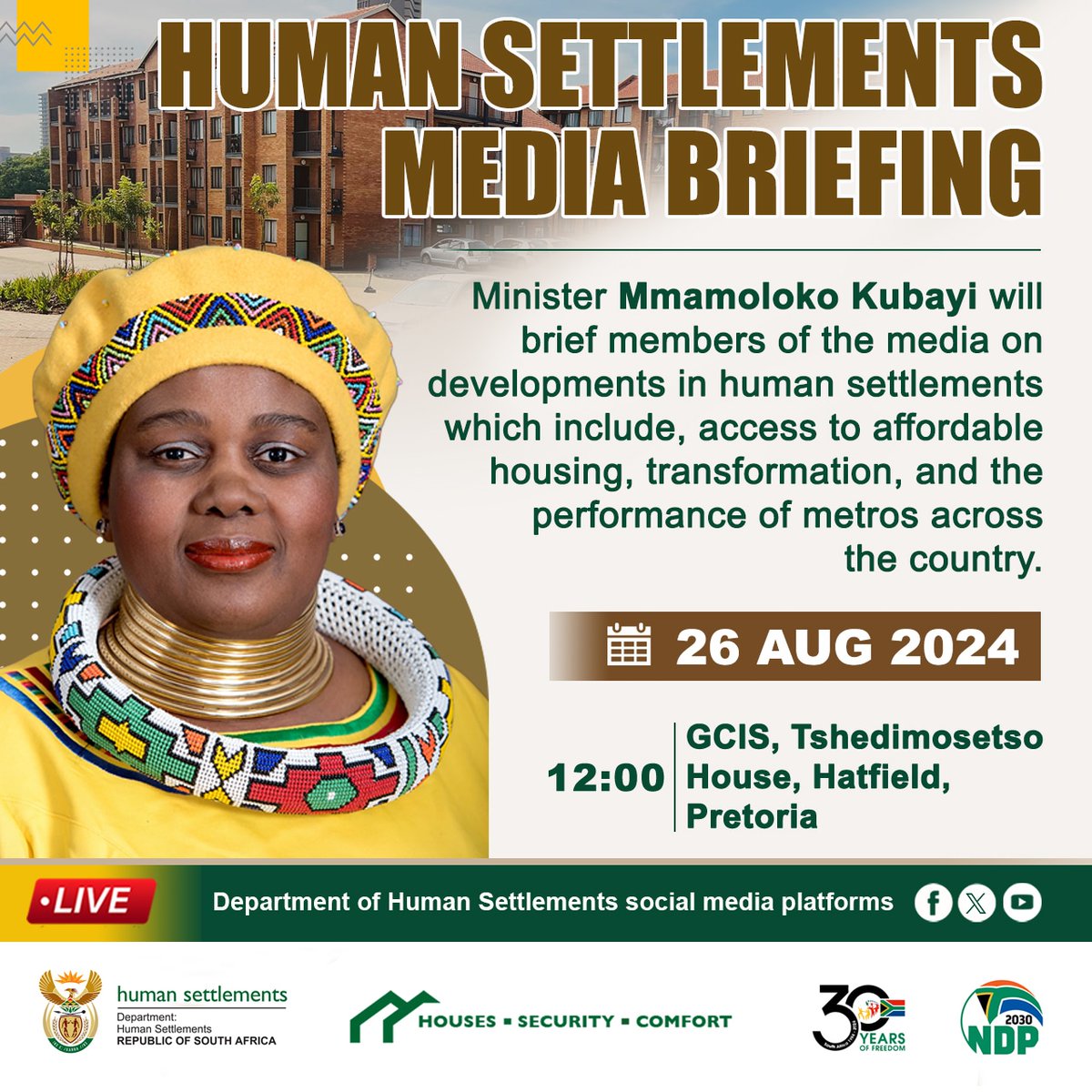 [REMINDER] Minister of Human Settlements, Mmamoloko Kubayi wıll brief the media on government plans on developments in the human settlements sector, which include access to affordable housing, transformation and the performance of metropolitan municipalities across the country.