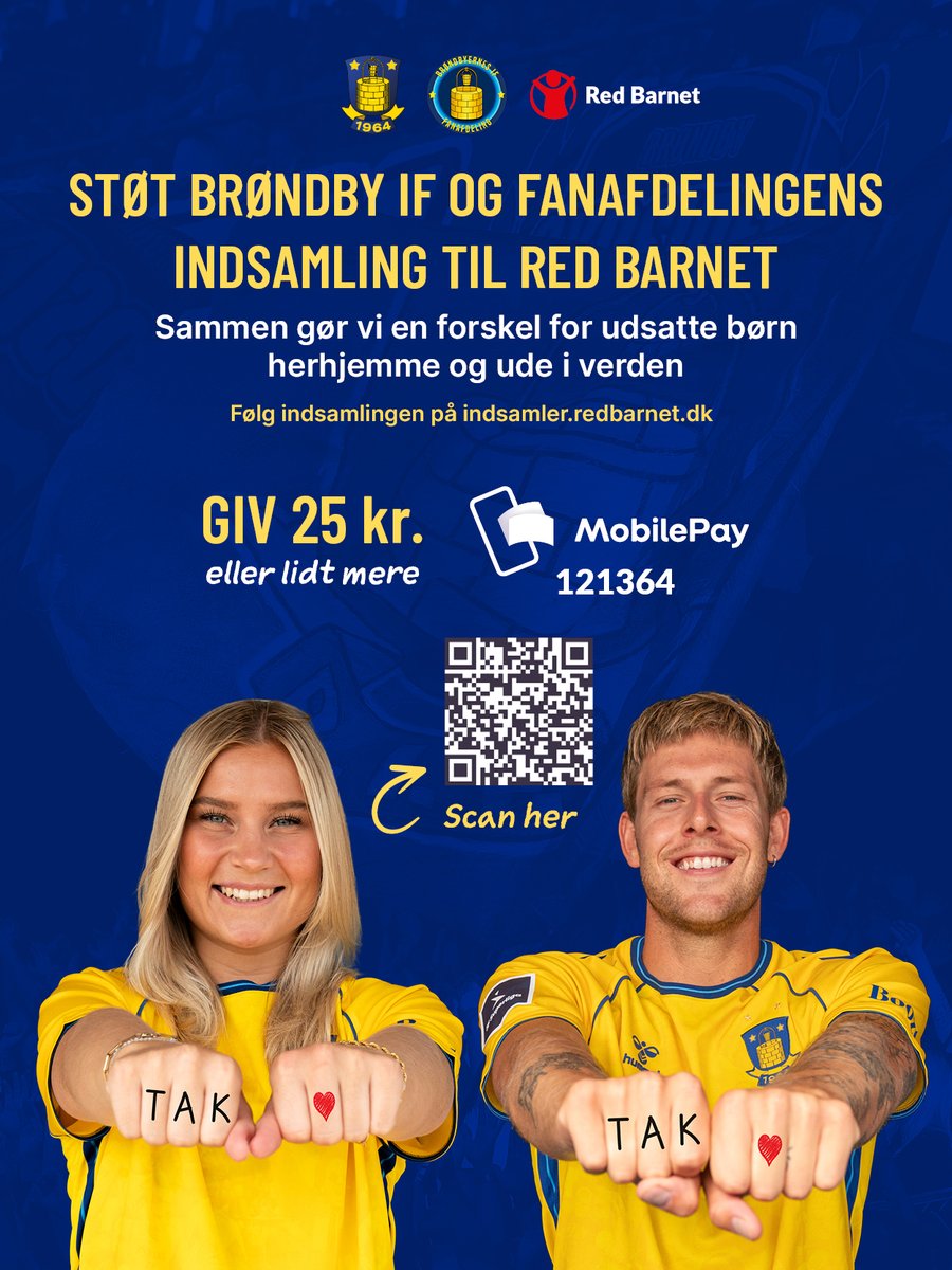BrondbyIF's tweet photo. Brøndby IF støtter igen i år op om Red Barnets landsindsamling, som løber af stablen 1. september 🫶

Du kan derfor møde frivillige fra Fanafdelingen rundt om Brøndby Stadion, som samler penge ind til Red Barnet op til aftenens kamp 💛💙 https://t.co/miR8s9mwyK