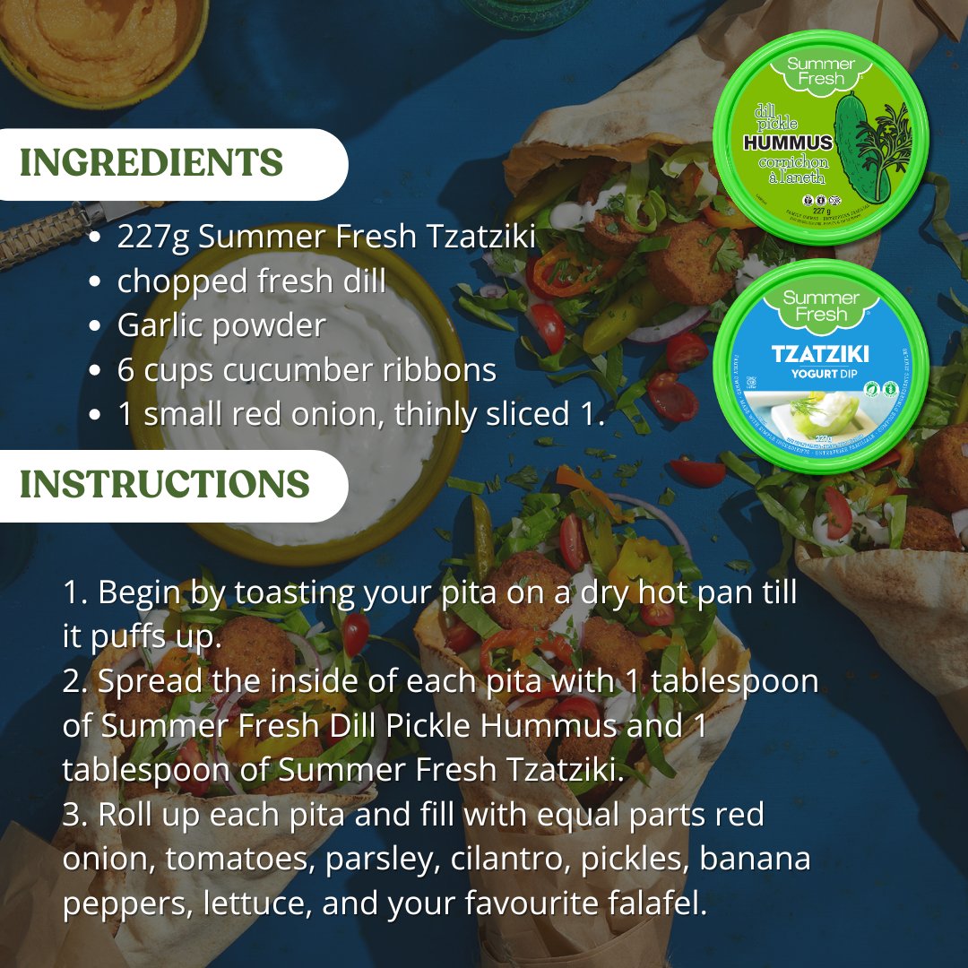 SummerFresh's tweet image. 🥙✨ Say hello to your new fav pita! Our Dill Pickle Falafel Pita features Summer Fresh Dill Pickle Hummus and Tzatziki for a tangy twist. 

Perfectly crunchy, creamy, and delicious! 😋

Swipe for recipe-----&amp;gt;

 #FalafelPita #DillPickleHummus #SummerFresh #tickleyourpickle