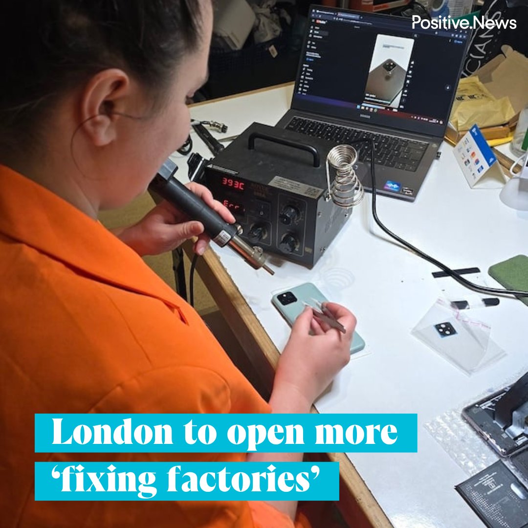 PositiveNewsUK's tweet photo. In a further sign that repair culture is going mainstream, London is to get three more ‘fixing factories’ where people take broken appliances to be fixed for free
https://t.co/9fSB2U0U0N https://t.co/kfr4rzHPMf