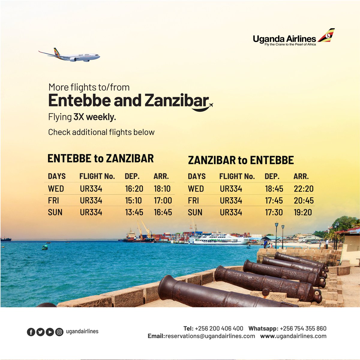 UG_Airlines's tweet photo. Enjoy 3X Weekly Flights to the beautiful Spice Island of Zanzibar🏝️✈️

Book your Flight today via our Website or Mobile App
https://t.co/z2qWVDVrgC

#FlyUgandaAirlines #Zanzibar https://t.co/9appETGN0Q