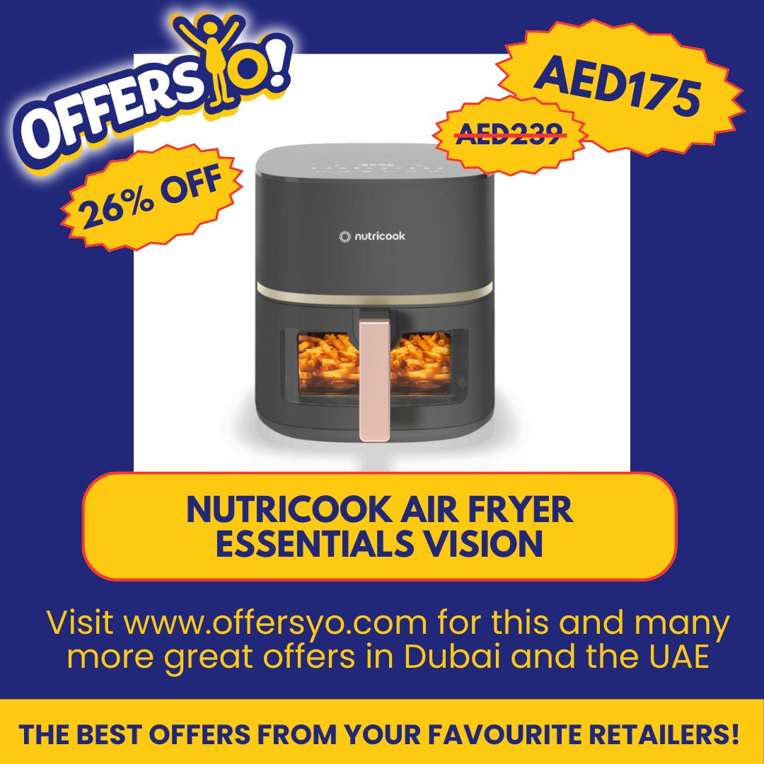 offersyo1's tweet photo. Today's top deal! Incredible discount on the Nutricook Air Fryer Essentials Vision! Head over to https://t.co/lLIrAXrgt7 to find more great offers from your favorite stores! #uae #dubai #offersyo #OffersUAE #sale #airfryer #kitchenessentials #nutricook #nutricookairfryer https://t.co/ZT670Q19h2
