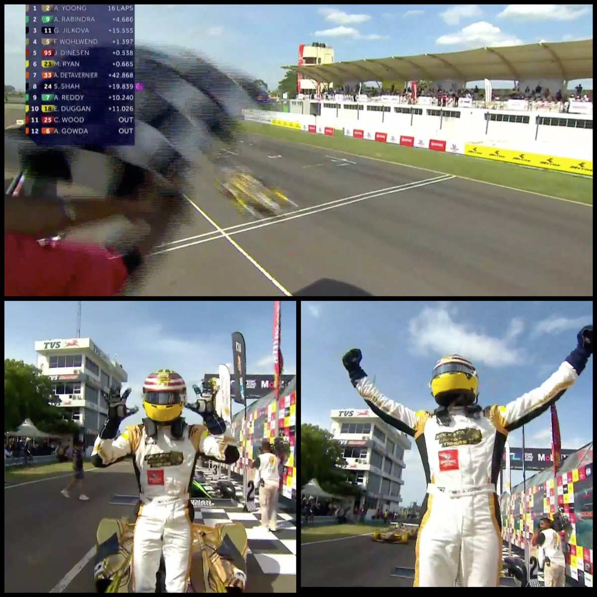cfmagindia's tweet photo. What a brilliant drive by @alisteryoong to win race 2 of the #IndianRacingLeague from pole to flag with @akhilrabindra in P2 and a brilliant drive by @QuickGabi to complete the podium! 💪💪

#IRL #India #Chennai #GoaAces @SGanguly99 #RarhBengalTigers @RarhTigers @TheJohnAbraham https://t.co/ok8ynQPMtb