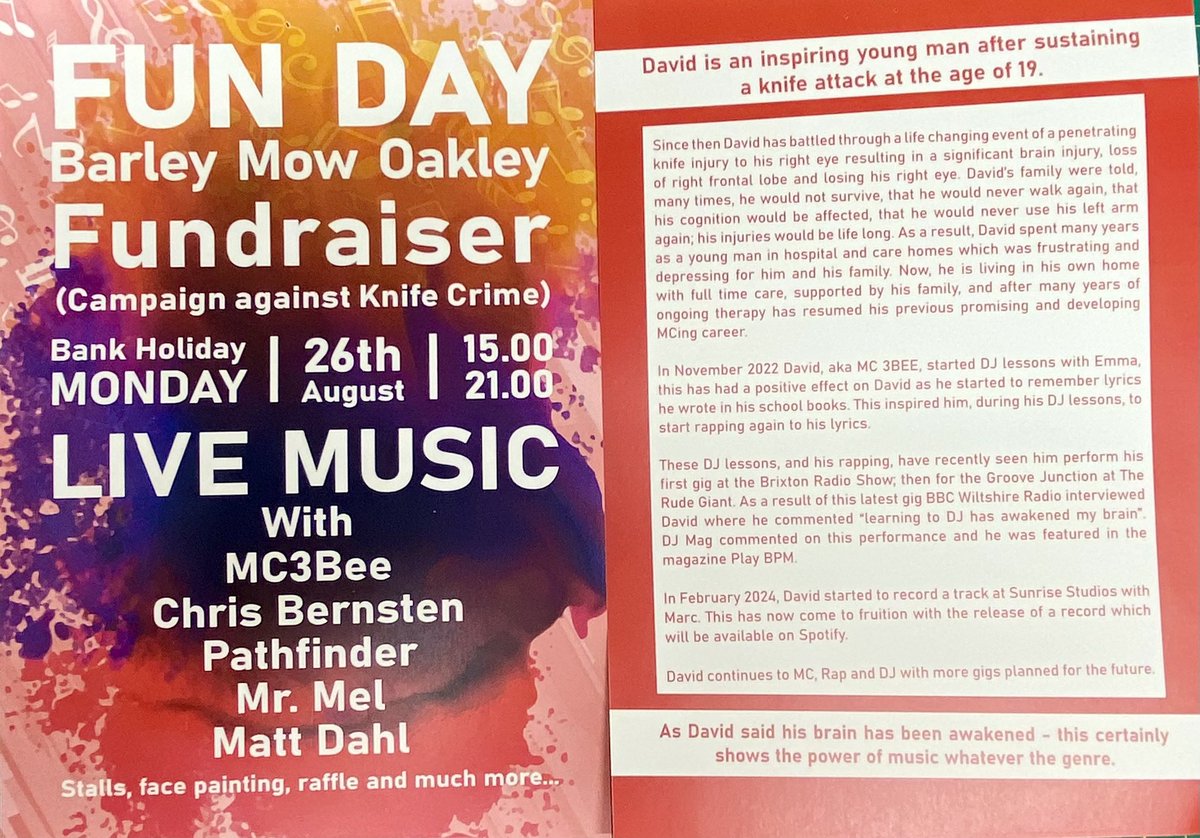 ReadingMMP's tweet photo. Had the pleasure to produce this for Symonde Hogarth promoting a charity event at Barley Mow, Oakley tomorrow night, looking to raise funds against knife crime.
They would really appreciate any donations ❤️
@HeadwayUK @kinsellatrust 
Content shared with permission of the owner. https://t.co/WcZC1V9PKj