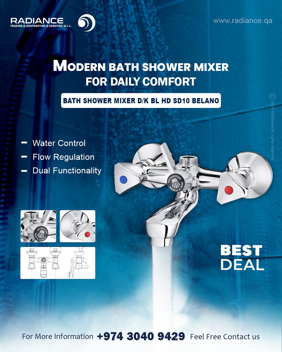 Bath Shower Mixer 🚰💧 D/K BL HD SD10 Belano by Radiance Qatar: Modern bath shower mixer for daily comfort and convenience.

🔵 Water Control
🔵 Flow Regulation
🔵 Dual Functionality

For more details, 🛒👇
Visit radiance.qa or
Call +974 3040 9429.