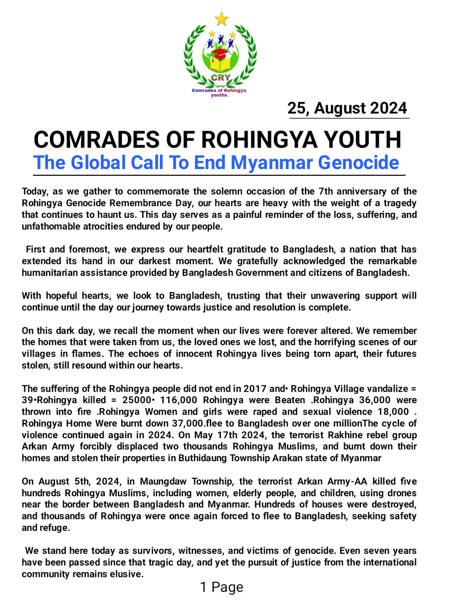 CRY_Office's tweet photo. COMRADES OF ROHINGYA YOUTH 
The Global Call To End Myanmar Genocide 
Today, as we gather to commemorate the solemn occasion of the 7th anniversary of the Rohingya Genocide Remembrance Day,
#TheGlobalCallToendMyanmarGenocide 
#StopkillingRohingya https://t.co/DF3bcNMz2H