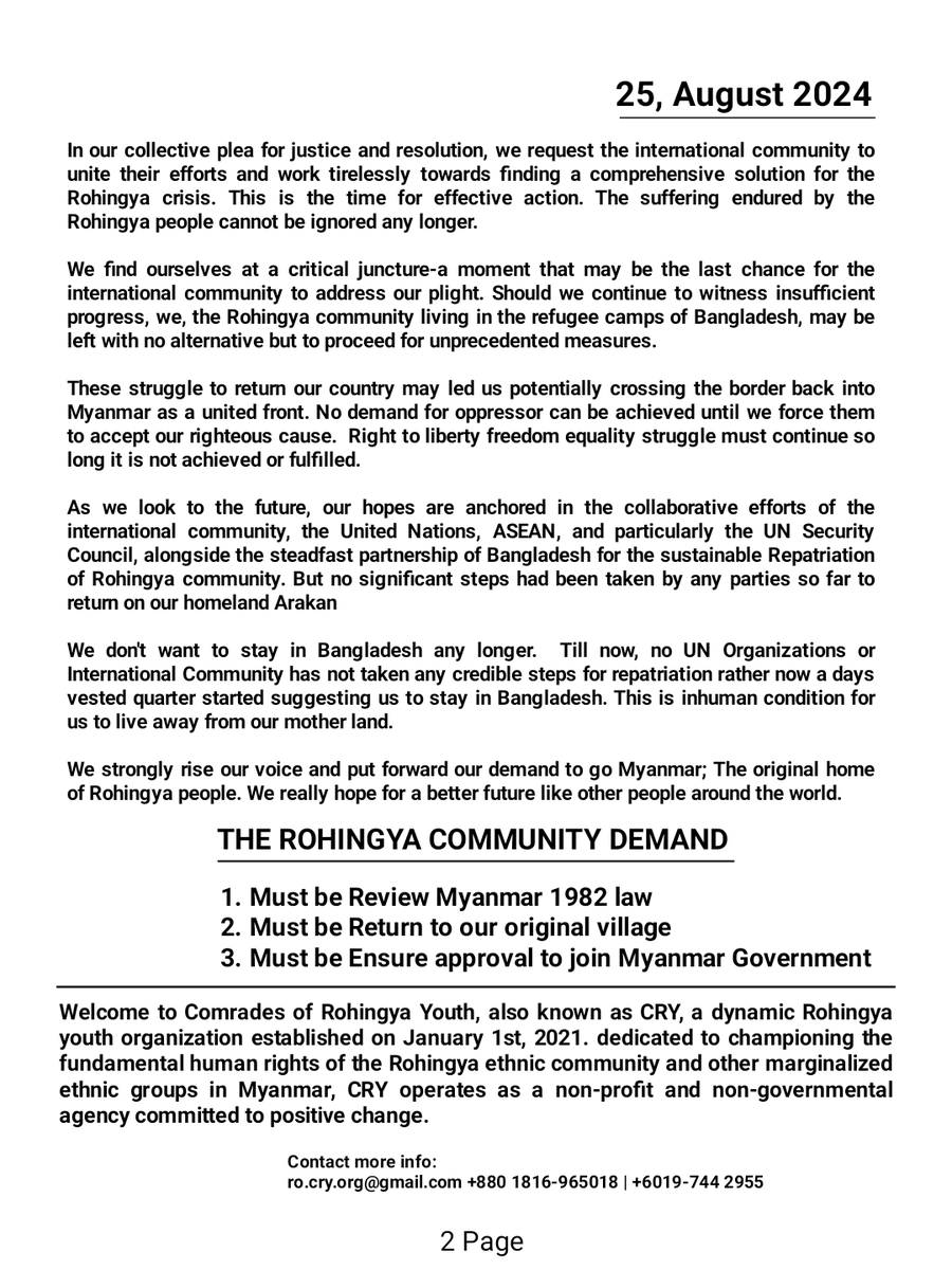 CRY_Office's tweet photo. COMRADES OF ROHINGYA YOUTH 
The Global Call To End Myanmar Genocide 
Today, as we gather to commemorate the solemn occasion of the 7th anniversary of the Rohingya Genocide Remembrance Day,
#TheGlobalCallToendMyanmarGenocide 
#StopkillingRohingya https://t.co/DF3bcNMz2H